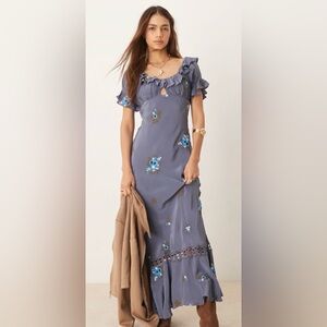 Free People floral embroidered puff sleeve maxi dress in indigo Medium